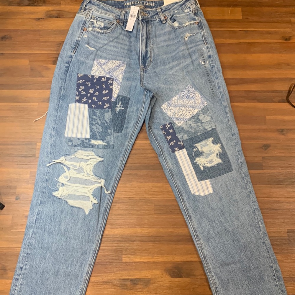 American Eagle Ripped & Patched Jeans - Size 12 - Long High Rise Mom Straight